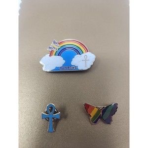 Enamel Rainbow Butterfly Ankh Epoxy Metal Label Hat Pin Vintage lot of 3